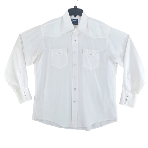 Vtg Wrangler Shirt Cowboy Cut Men 17 35 White Pearl Snap Regular Fit X-long Tail - Picture 1 of 11